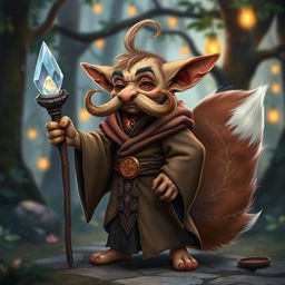 A whimsical goblin character with a prominent, curled mustache, elegantly dressed in flowing robes adorned with intricate patterns