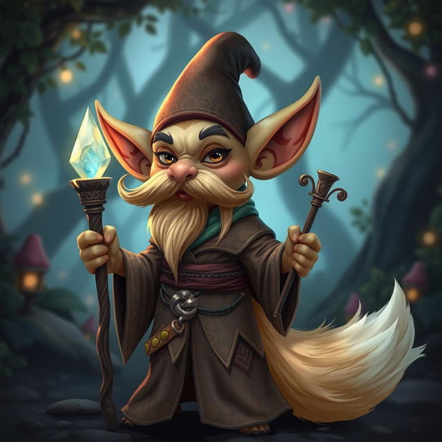 A whimsical goblin character with a prominent, curled mustache, elegantly dressed in flowing robes adorned with intricate patterns