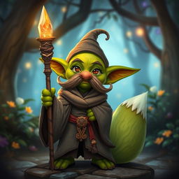 A whimsical goblin character with vibrant green skin and a prominent, curled mustache, elegantly dressed in flowing robes adorned with intricate patterns in earthy tones and magical colors