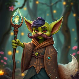 A whimsical goblin character with vibrant green skin and a prominent, curled mustache, elegantly dressed in flowing robes adorned with intricate patterns in earthy tones and magical colors