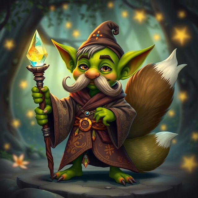 A whimsical goblin character with vibrant green skin and a prominent, curled mustache, elegantly dressed in flowing robes adorned with intricate patterns in earthy tones and magical colors