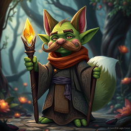 A whimsical goblin character with vibrant green skin and a prominent, curled mustache, elegantly dressed in flowing robes adorned with intricate patterns in earthy tones and magical colors