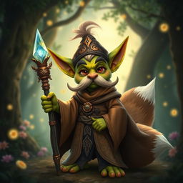 A whimsical goblin character with vibrant green skin and a prominent, curled mustache, elegantly dressed in flowing robes adorned with intricate patterns in earthy tones and magical colors