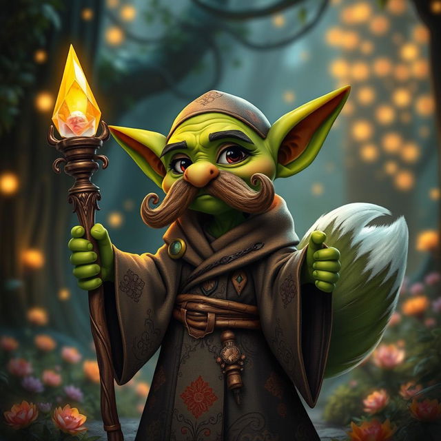 A whimsical goblin character with vibrant green skin and a prominent, curled mustache, elegantly dressed in flowing robes adorned with intricate patterns in earthy tones and magical colors