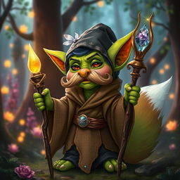 A whimsical goblin character with vibrant green skin and a prominent, curled mustache, elegantly dressed in flowing robes adorned with intricate patterns in earthy tones and magical colors