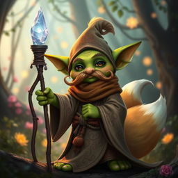 A whimsical goblin character with vibrant green skin and a prominent, curled mustache, elegantly dressed in flowing robes adorned with intricate patterns in earthy tones and magical colors