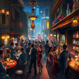 A vibrant and colorful digital painting of an enchanting jazz bar in a bustling city at night