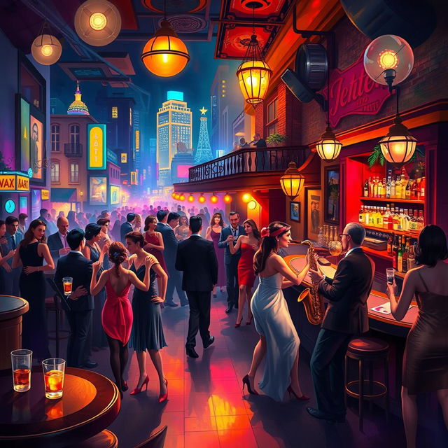 A vibrant and colorful digital painting of an enchanting jazz bar in a bustling city at night