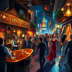 A vibrant and colorful digital painting of an enchanting jazz bar in a bustling city at night