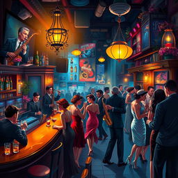 A vibrant and colorful digital painting of an enchanting jazz bar in a bustling city at night