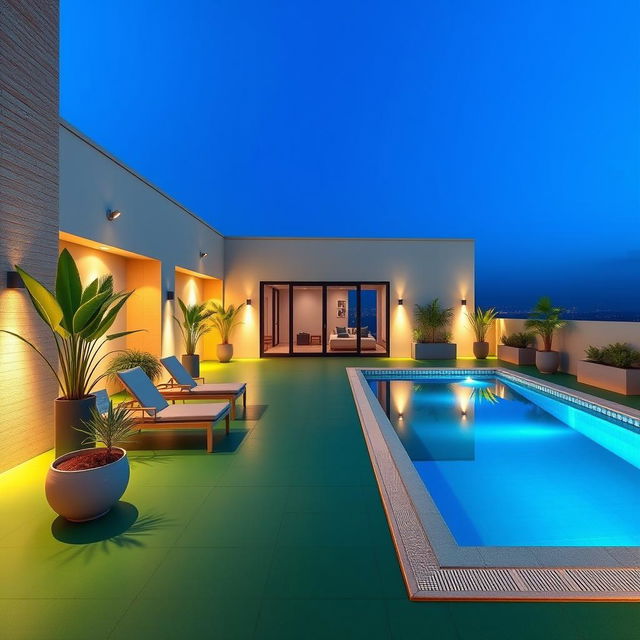 A rooftop terrace designed to reflect the dimensions and perspective of the uploaded photo, featuring a modern swimming pool