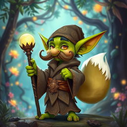 A whimsical goblin character with bright green skin and a prominent, curled mustache, dressed in flowing, ornate robes that feature intricate designs in earthy and magical hues