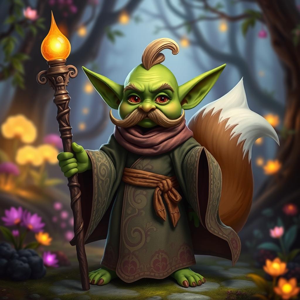 A whimsical goblin character with bright green skin and a prominent, curled mustache, dressed in flowing, ornate robes that feature intricate designs in earthy and magical hues