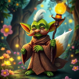 A whimsical goblin character with bright green skin and a prominent, curled mustache, dressed in flowing, ornate robes that feature intricate designs in earthy and magical hues