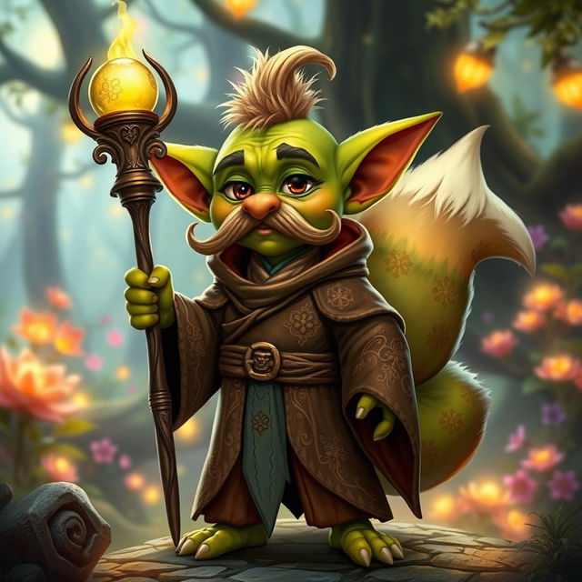 A whimsical goblin character with bright green skin and a prominent, curled mustache, dressed in flowing, ornate robes that feature intricate designs in earthy and magical hues