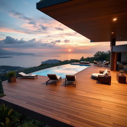 A sophisticated elevated terrace designed to match the dimensions and perspective of the uploaded photo, featuring a stylish swimming pool