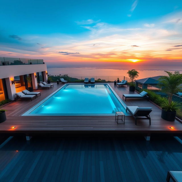 A sophisticated elevated terrace designed to match the dimensions and perspective of the uploaded photo, featuring a stylish swimming pool