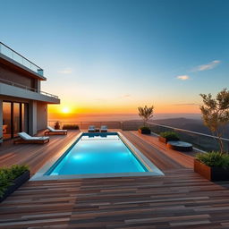 A sophisticated elevated terrace designed to match the dimensions and perspective of the uploaded photo, featuring a stylish swimming pool
