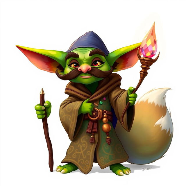 A whimsical goblin character with vibrant green skin and a prominent, curled mustache, elegantly dressed in flowing robes adorned with intricate patterns in earthy tones and magical colors