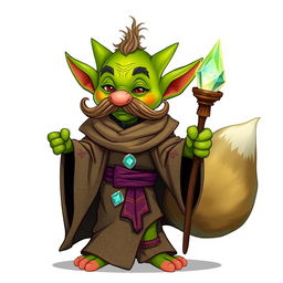 A whimsical goblin character with vibrant green skin and a prominent, curled mustache, elegantly dressed in flowing robes adorned with intricate patterns in earthy tones and magical colors
