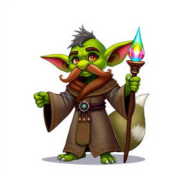 A whimsical goblin character with vibrant green skin and a prominent, curled mustache, elegantly dressed in flowing robes adorned with intricate patterns in earthy tones and magical colors