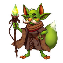 A whimsical goblin character with vibrant green skin and a prominent, curled mustache, elegantly dressed in flowing robes adorned with intricate patterns in earthy tones and magical colors