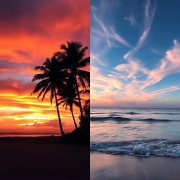 A stunning merged image of two beautiful sunsets taken at the beach, combining the vibrant colors of oranges, pinks, and purples in the sky with the reflection on the tranquil ocean waves