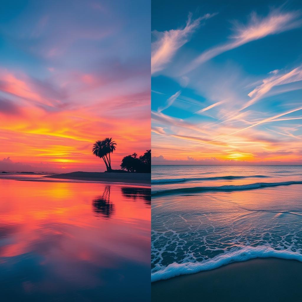 A stunning merged image of two beautiful sunsets taken at the beach, combining the vibrant colors of oranges, pinks, and purples in the sky with the reflection on the tranquil ocean waves