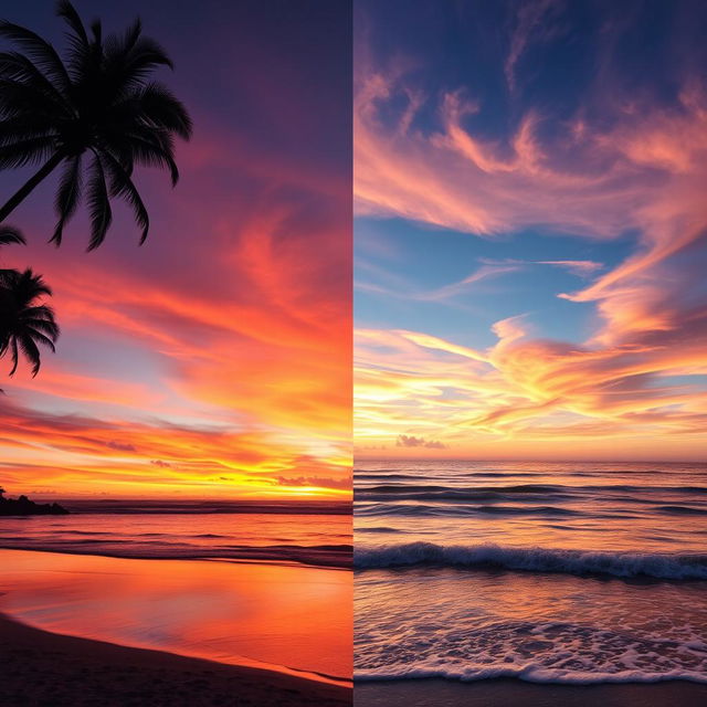 A stunning merged image of two beautiful sunsets taken at the beach, combining the vibrant colors of oranges, pinks, and purples in the sky with the reflection on the tranquil ocean waves