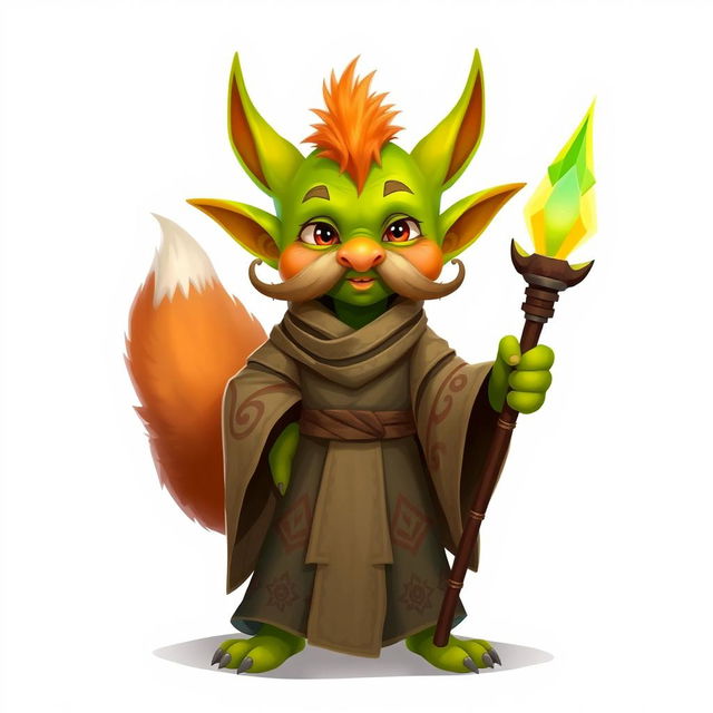 A whimsical goblin character with bright green skin and a prominent, curled mustache, dressed in flowing robes embellished with intricate patterns in earthy tones