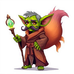 A whimsical goblin character with bright green skin and a prominent, curled mustache, dressed in flowing robes embellished with intricate patterns in earthy tones