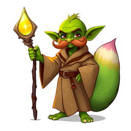 A whimsical goblin character with bright green skin and a prominent, curled mustache, dressed in flowing robes embellished with intricate patterns in earthy tones