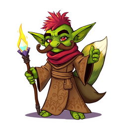 A whimsical goblin character with bright green skin and a prominent, curled mustache, dressed in flowing robes embellished with intricate patterns in earthy tones