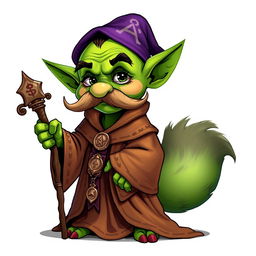 A whimsical goblin character with a thick mustache, dressed in elaborate, flowing robes that are richly detailed