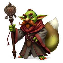 A whimsical goblin character with a thick mustache, dressed in elaborate, flowing robes that are richly detailed
