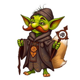 A whimsical goblin character with a thick mustache, dressed in elaborate, flowing robes that are richly detailed