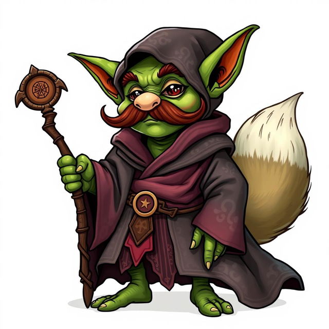 A whimsical goblin character with a thick mustache, dressed in elaborate, flowing robes that are richly detailed