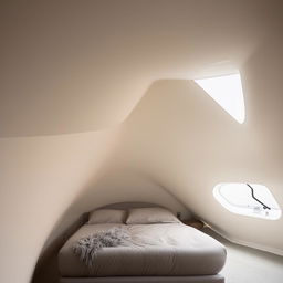 A modern bedroom in an unusually shaped room featuring one small window