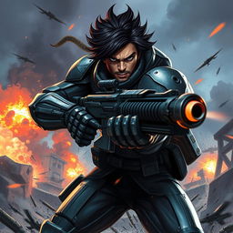A striking artwork of a fictional character inspired by the concept of 'kill shot,' featuring a brave warrior with a fierce expression, wearing futuristic armor, holding a high-tech weapon aiming at an unseen target