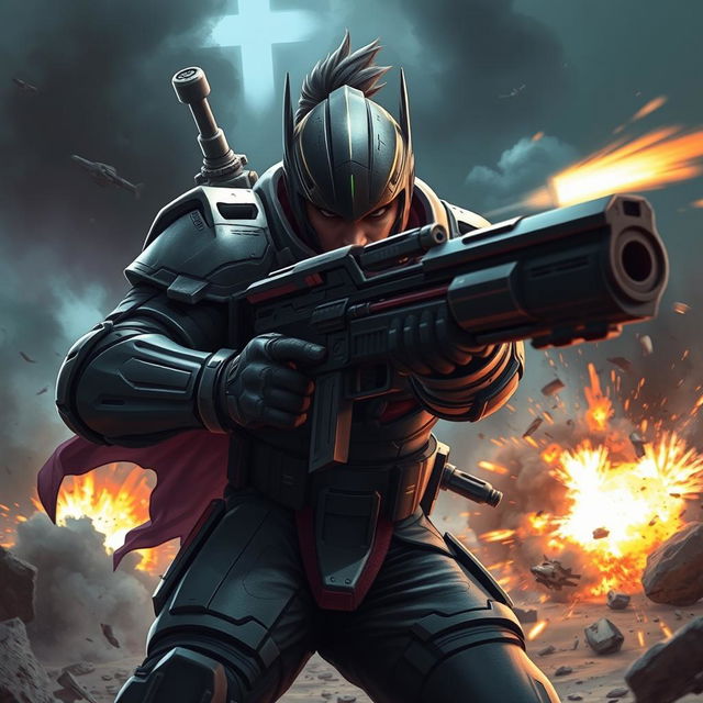 A striking artwork of a fictional character inspired by the concept of 'kill shot,' featuring a brave warrior with a fierce expression, wearing futuristic armor, holding a high-tech weapon aiming at an unseen target