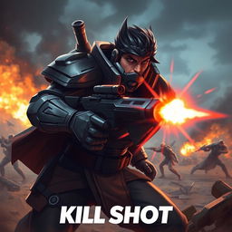 A striking artwork of a fictional character inspired by the concept of 'kill shot,' featuring a brave warrior with a fierce expression, wearing futuristic armor, holding a high-tech weapon aiming at an unseen target