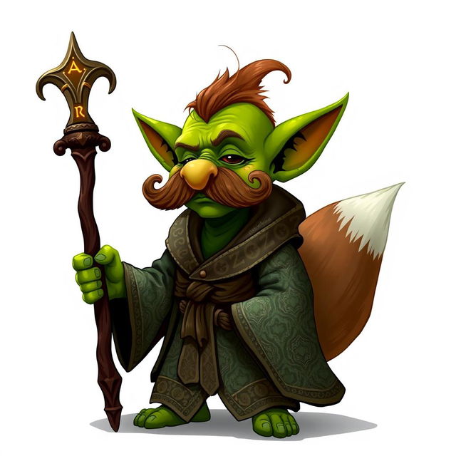 A whimsical goblin character with a thick, curly mustache, dressed in ornate robes featuring intricate patterns and textures