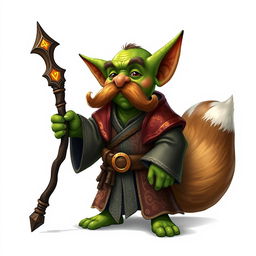 A whimsical goblin character with a thick, curly mustache, dressed in ornate robes featuring intricate patterns and textures