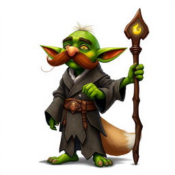 A whimsical goblin character with a thick, curly mustache, dressed in ornate robes featuring intricate patterns and textures