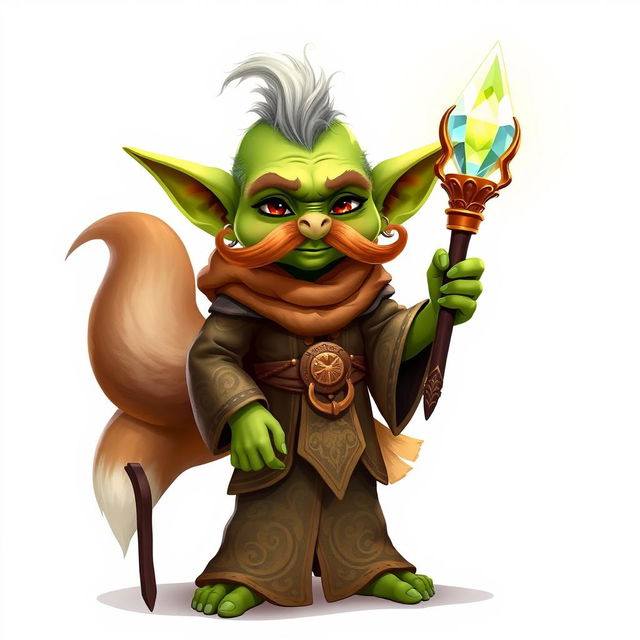 A whimsical goblin character with striking green skin and a distinctive, curled mustache, proudly dressed in elaborate robes featuring intricate designs in earthy and mystical colors