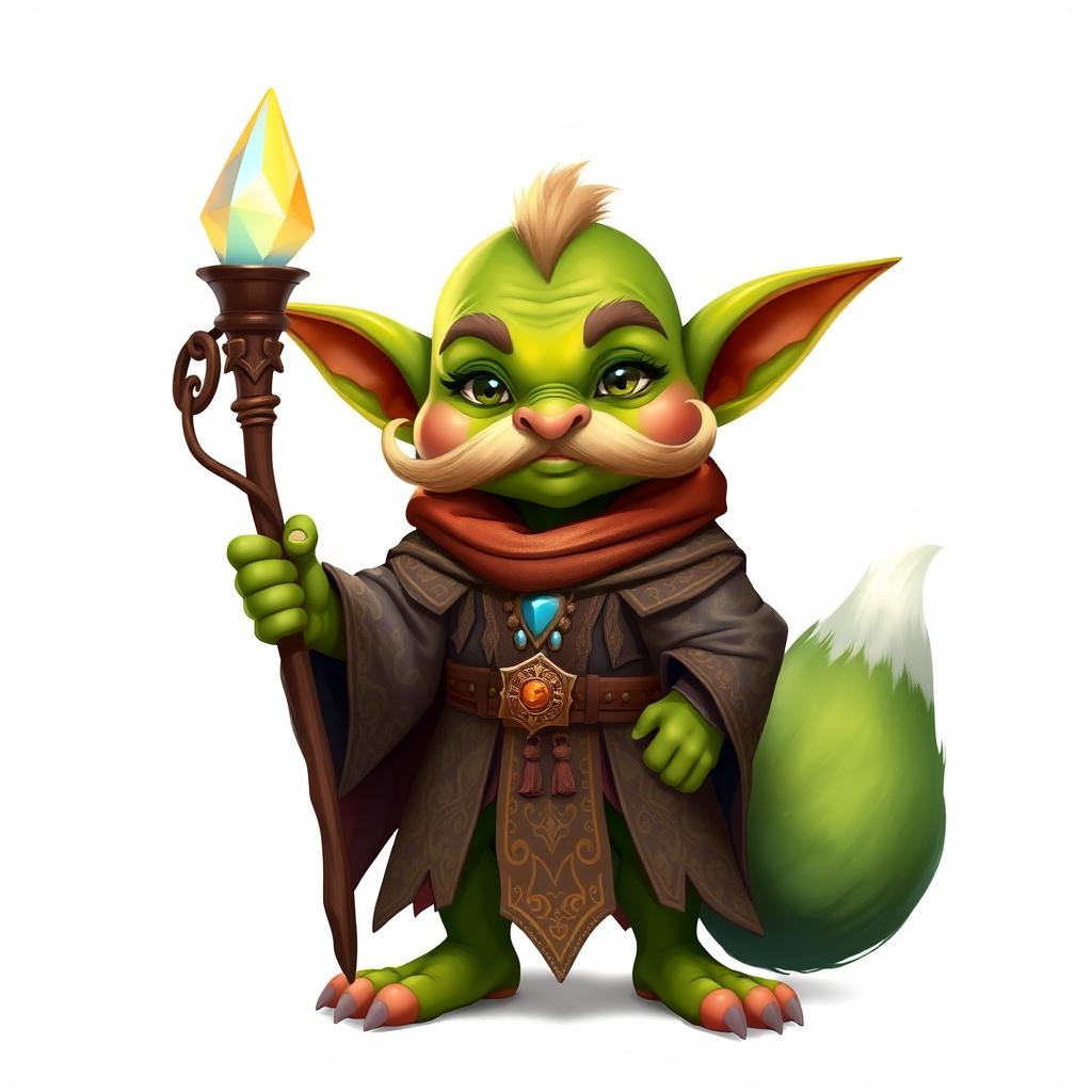 A whimsical goblin character with striking green skin and a distinctive, curled mustache, proudly dressed in elaborate robes featuring intricate designs in earthy and mystical colors