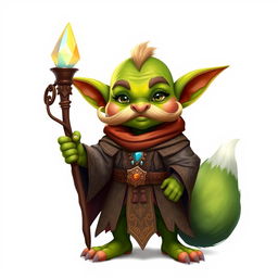 A whimsical goblin character with striking green skin and a distinctive, curled mustache, proudly dressed in elaborate robes featuring intricate designs in earthy and mystical colors