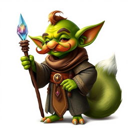 A whimsical goblin character with striking green skin and a distinctive, curled mustache, proudly dressed in elaborate robes featuring intricate designs in earthy and mystical colors