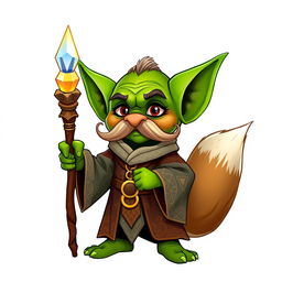 A whimsical goblin character with striking green skin and a distinctive, curled mustache, proudly dressed in elaborate robes featuring intricate designs in earthy and mystical colors
