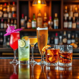 A visually stunning array of colorful alcoholic drinks displayed on a polished wooden bar